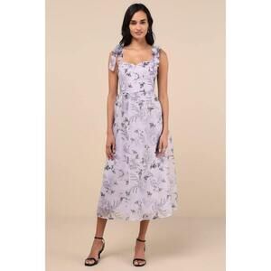 BRAND NEW! Lulus Prettiest Invite Lavender Floral Organza Tie-strap Midi Dress